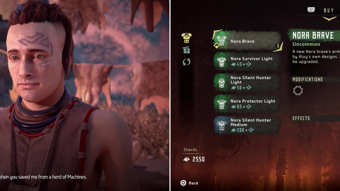 Reunite with Teb, the brave Aloy saved in her childhood (left) and he’ll give you a hand-crafted outfit (right).