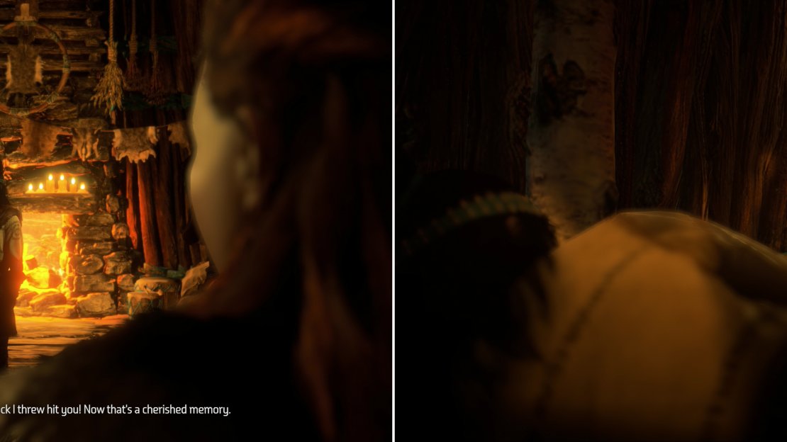 In the Hunter’s Lodge you’ll meet another, less friendly face from the past (left), after which chat with Vala before finally getting some sleep (right).