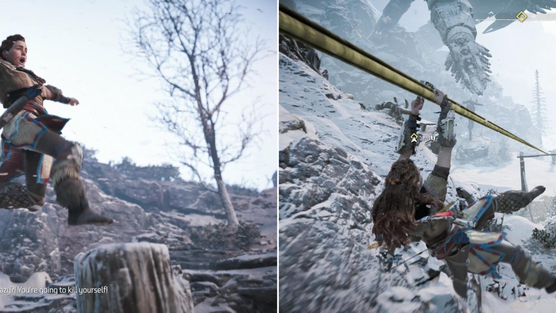 Facing impeding defeat, Aloy takes an unconventional route through the Proving (left). Braving dangerous conditions, use the alternative path to take the lead (right).