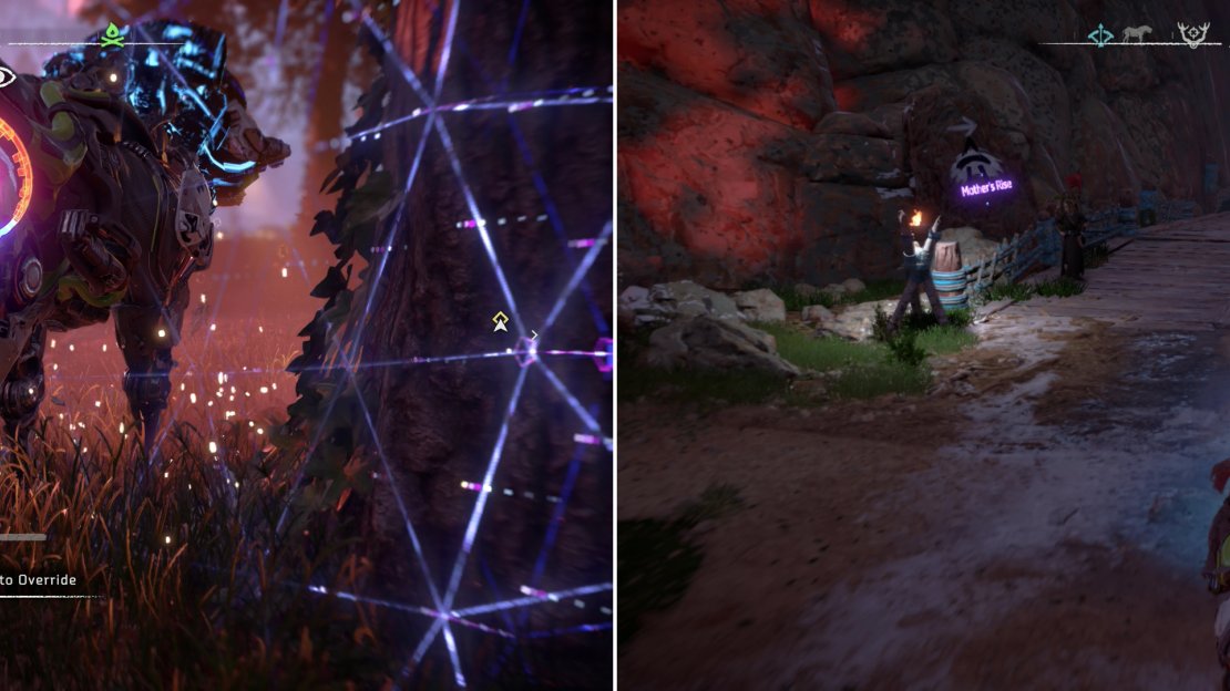 Use the device you got from the Corruptor to override a Strider (left), then ride it to the Main Embrace Gate (right).