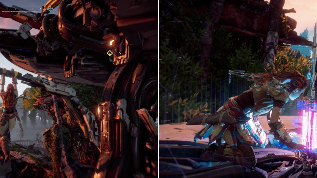 Use the Tallneck’s antennae to reach its disc-like head (left) then override the massive machine to reveal a huge section of the map (right).