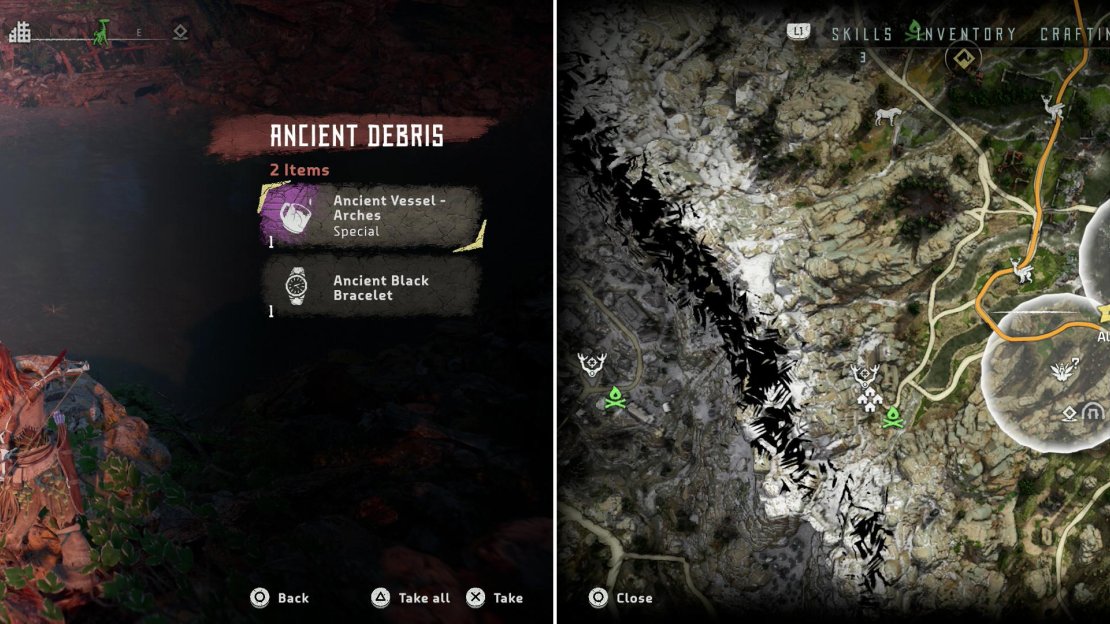 Search a pile of Ancient Debris to find the Ancient Vessel - Arches (left) at the location indicated on the map (right).