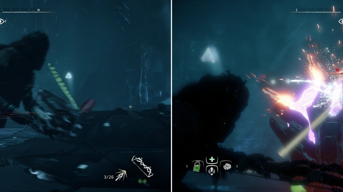 Dodge the Fire Bellowback’s attacks (left) and target its Cargo Sac (right) and Gullet, which will explode when destroyed.