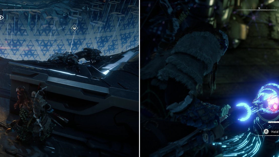 Dispatch the two Watchers patrolling the Cauldron SIGMA Core (left) then overrided a pylon to cut power to the barrier around the core (right).