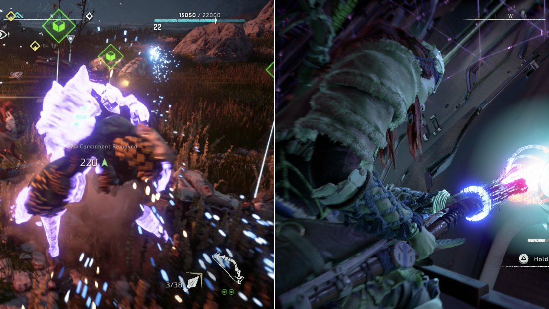 Disable the Watchers outside Cauldron SIGMA (left) then use your spear to override the door (right).