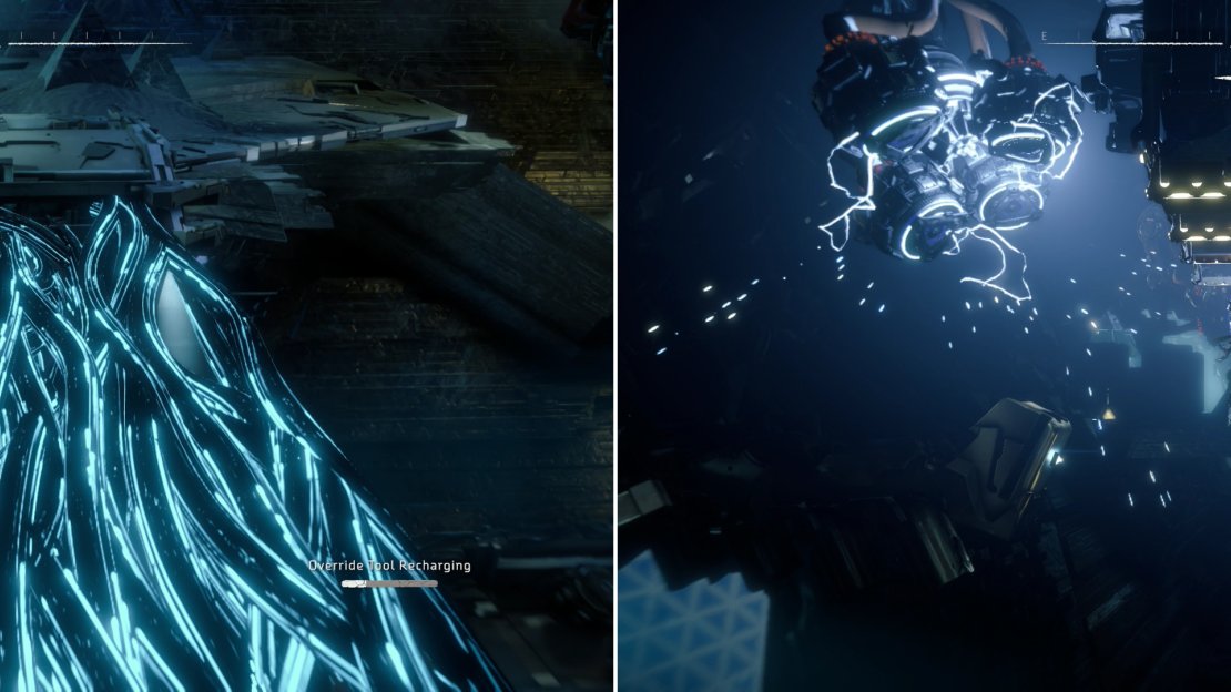 Override a device to deploy a wire bridge (left) then ride some hovering freight to make your way deeper into the Cauldron (right).