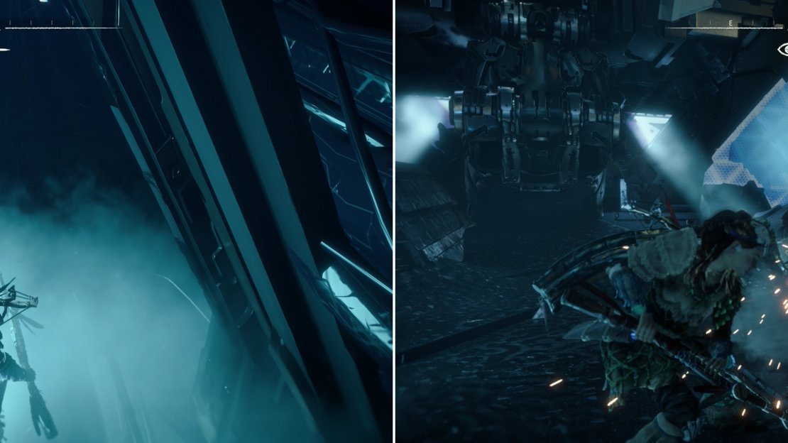 Steam vents will provide cover for you in Cauldron SIGMA (left), which you can use to ambush the Watchers inside (right).