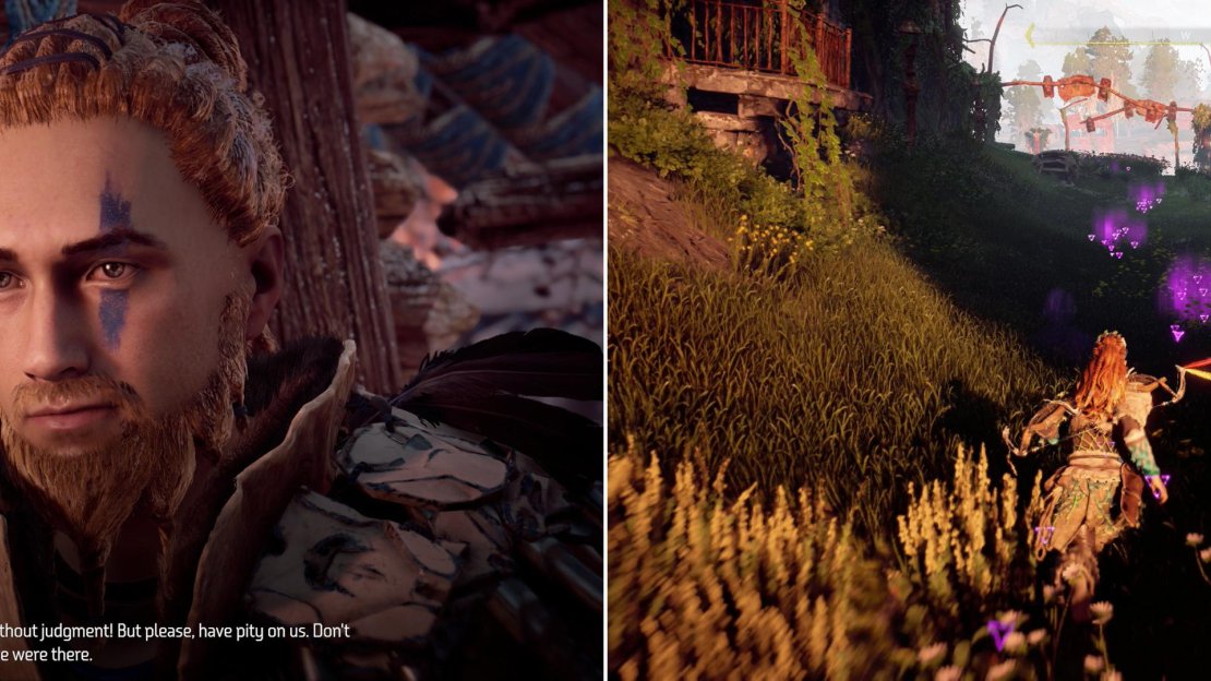 A brave named Den will ask you to use your Seeker immunty to rescue his friends (left). make your way to the Devil’s Thirst ruins and scan for some tracks (right).