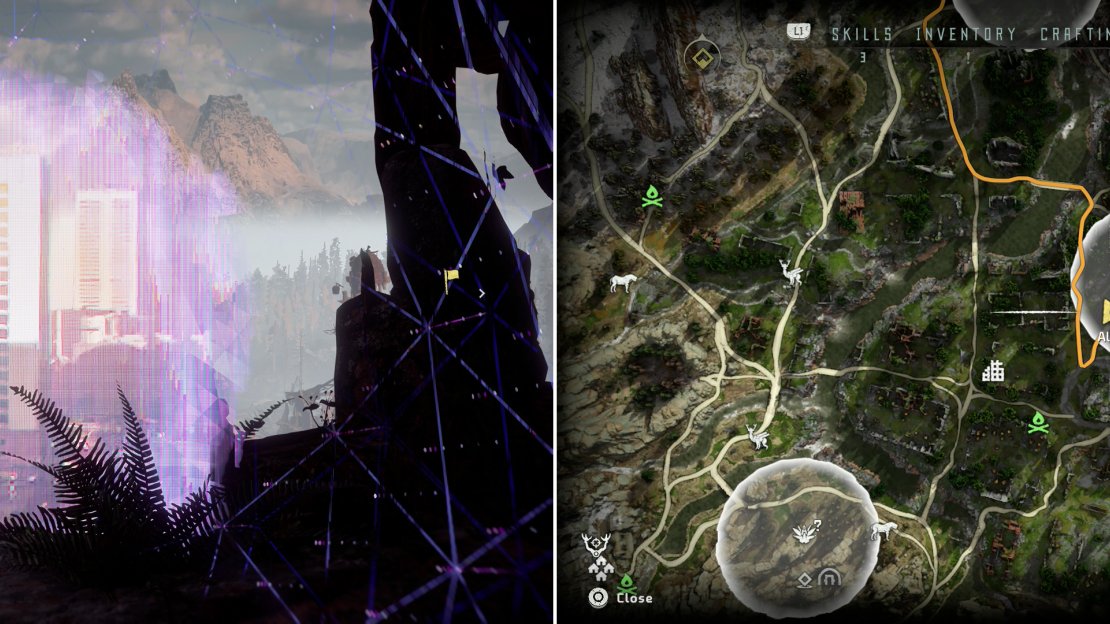 Climb some ruins to find the Vantage - Colorado Springs (left), at the indicated location on the map (right).