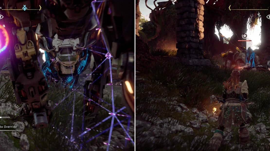 Use your new SIGMA Overrides to take control of a Sawtooth (left) then let it battle its fellow machine (right).