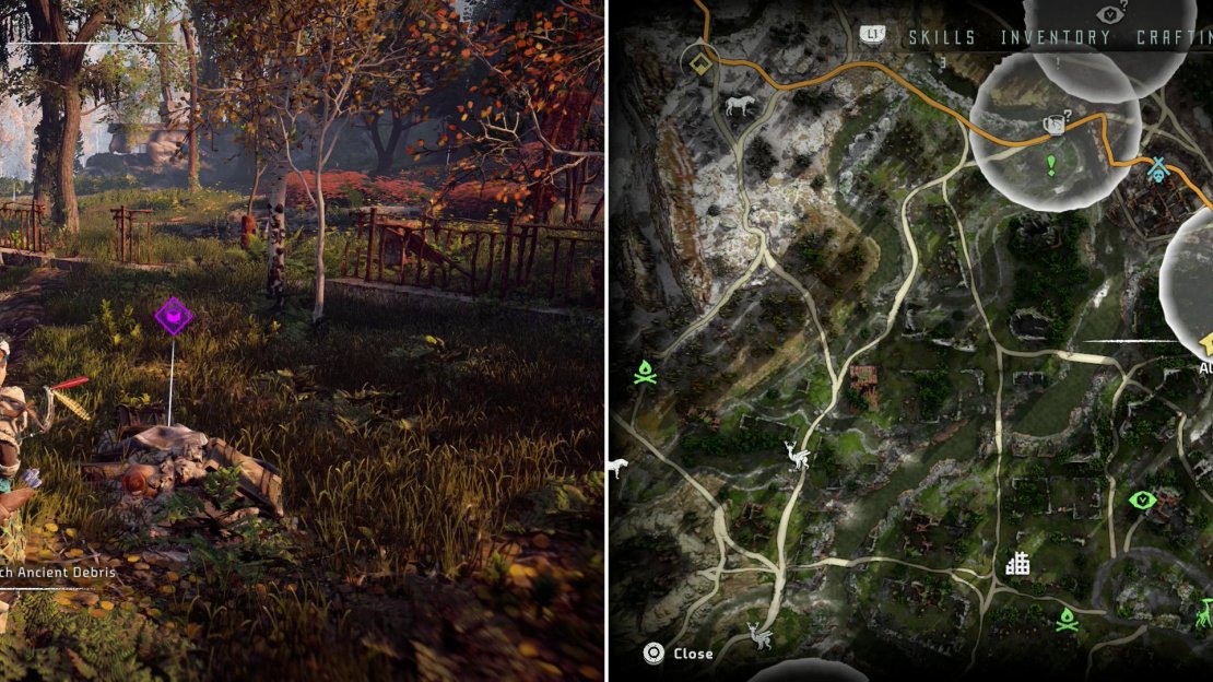 Search some Ancient Debris to find the Ancient Vessel - Wayfarers (left) at the map location indicated (right).