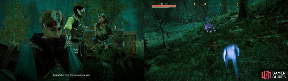 After fending off a host of machines, the caravan will discover mor resources missing (left) after which you&rsquo;ll need to use your Focus to track down the thief (right).
