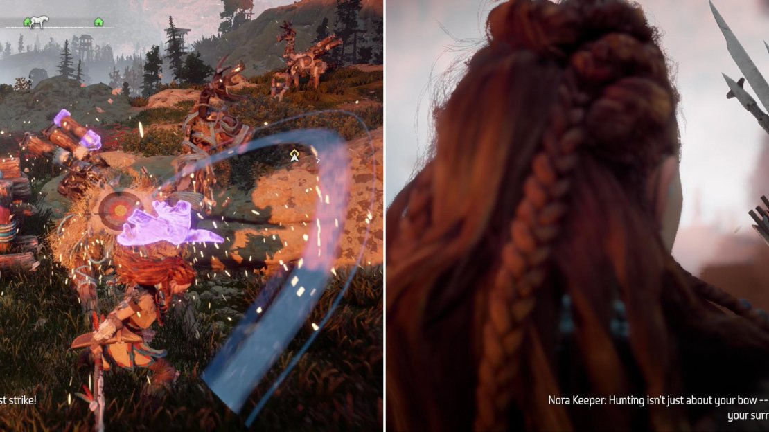 You’ll find more Training Dummies to smash near the Nora Hunting Grounds (left). Talk to the Nora Keeper to learn about the individual trials (right).