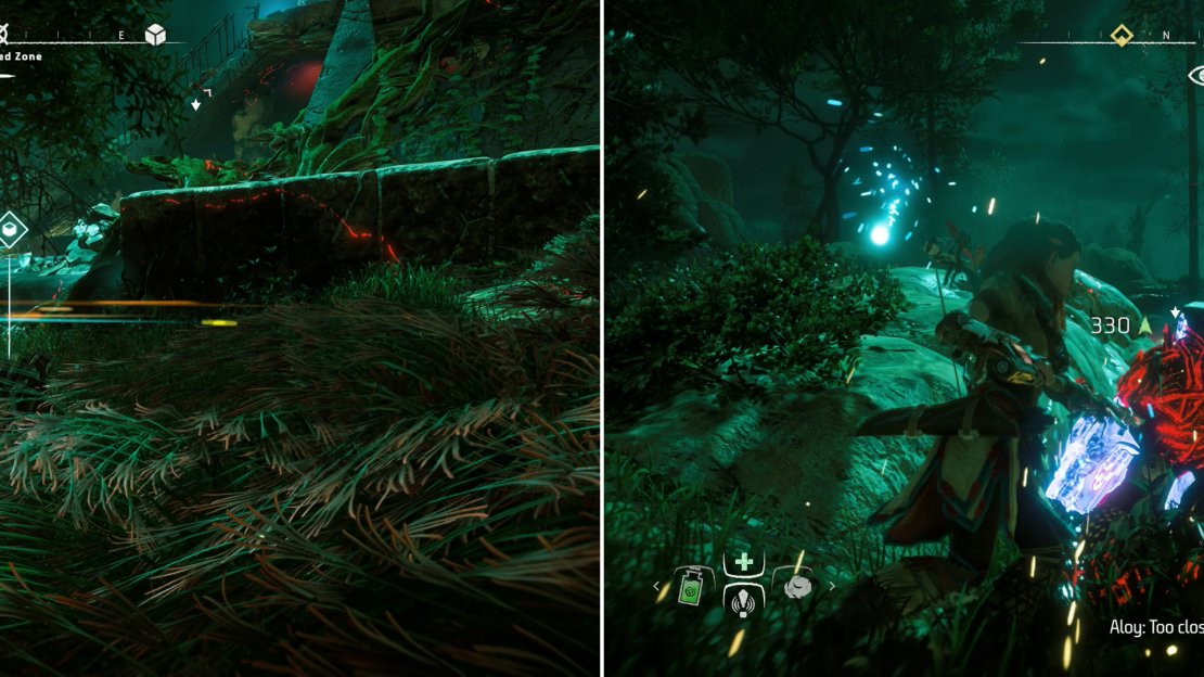 As in the last Corrupted Zone, you can use Lure Call to attract machine (left) and dispatch them quietly with Silent Strike (right).