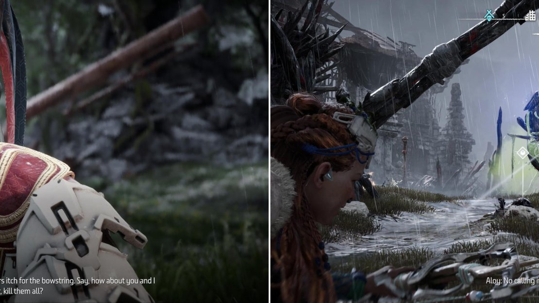 Find Nil near the Devil’s Thirst Bandit Camp and he’ll ask to tag along on your imminent murder spree (left). Start things out by targeting the alarm near the north gate (right).