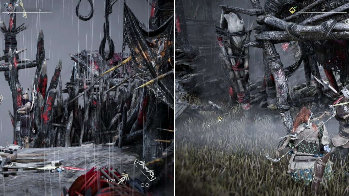 Stalk around the perimeter of the Bandit Camp and put your Sharpshot Bow to deadly use (left). If you want some support, you can always free some prisoners inside the camp (right).