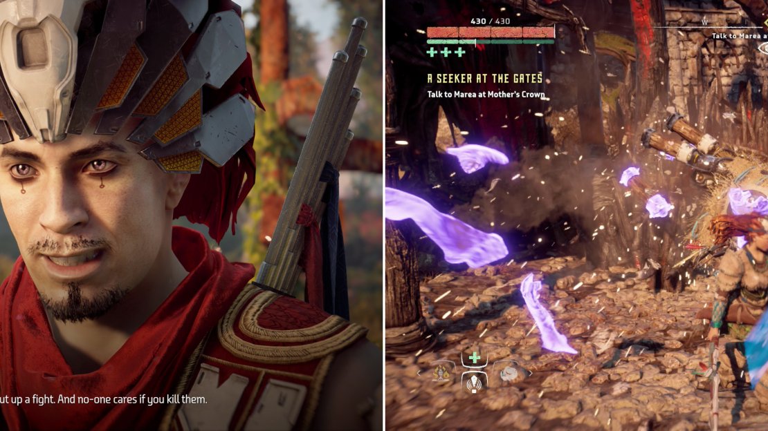After clearing the Bandit Camp, check up with Nil to learn his less-than-stellar motivations for killing Bandits (left) then smash a Training Dummy inside the camp (right).