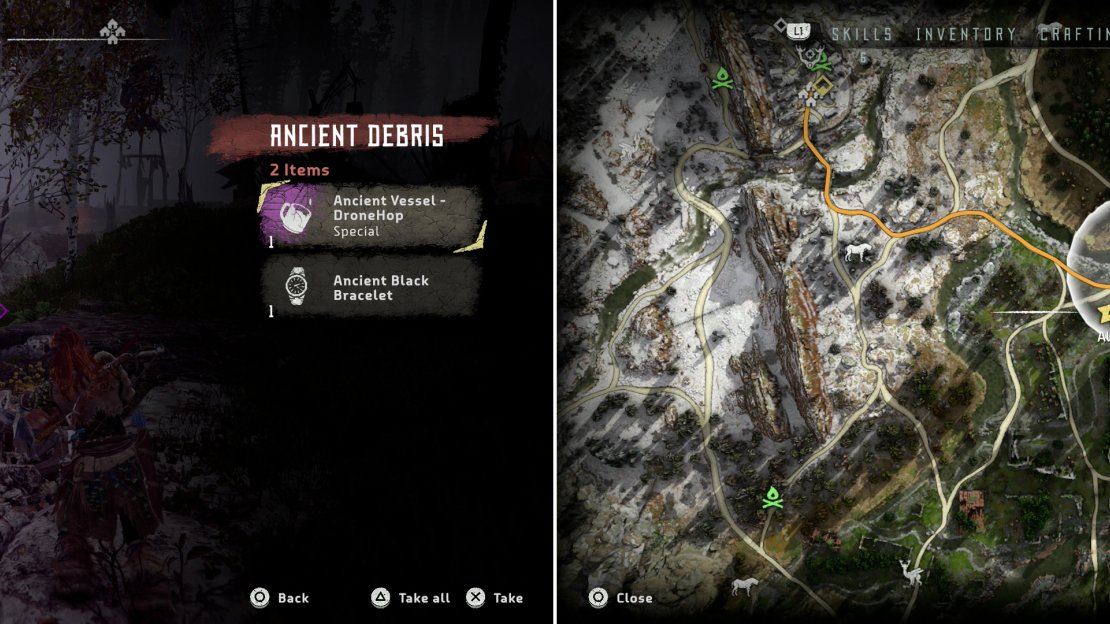 Search a pile of Ancient Debris to obtain the Ancient Vessel - DroneHop (left) at the location indicated on the map (right).