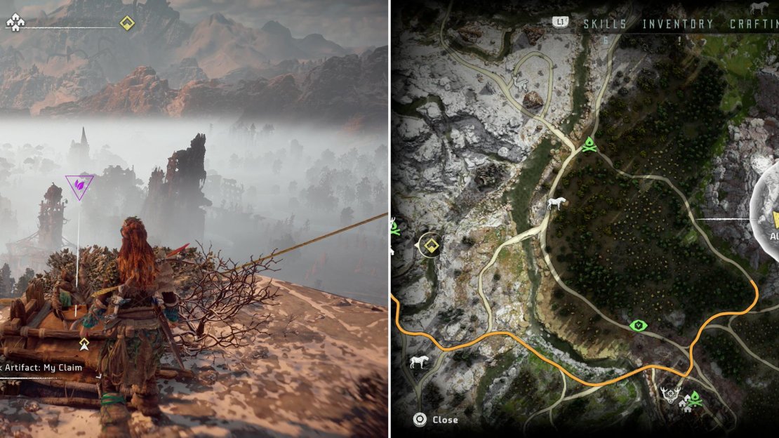 Climb a mountain along the northeastern reach of Devil’s Thirst to find the Banuk Artifact - My Claim (left) which be found at the location indicated on the map (right).