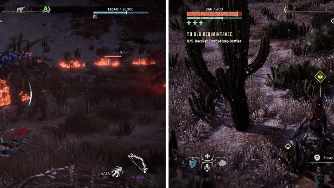 Shoot the bellies on the Trampler to do the most damage (left). You are looking for the Scrappersap bottles on the ground (right).