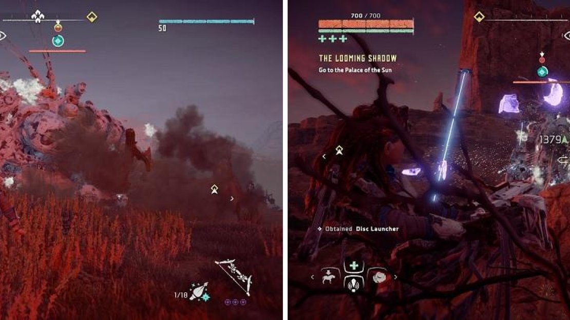 Freezing the Thunderjaw (left) and then using its own disc launcher against it (right) is the quickest way to bring one down.
