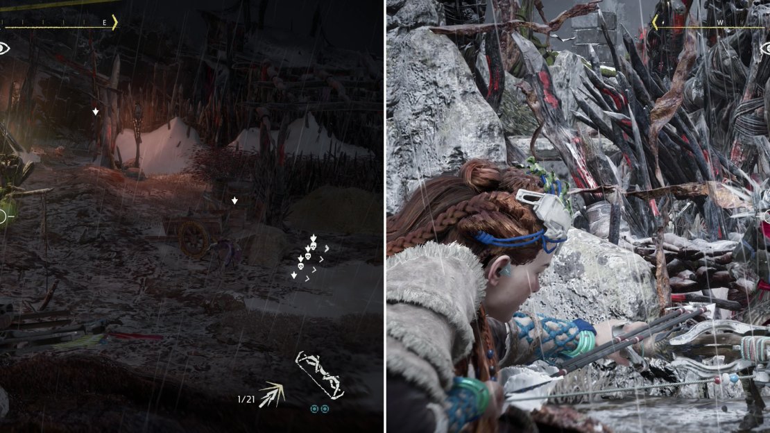 Disable the alarm in the northwestern corner of the camp (left). Not all targets will be easy to eliminate from afar (right) but Triple Shot should fell them before they can react.