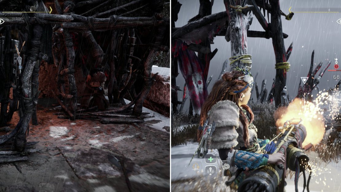 Free some prisoners to provide extra support (left). You can commandeer the Firespitter from a defeated Heavy to finish the camp with a bang (right).