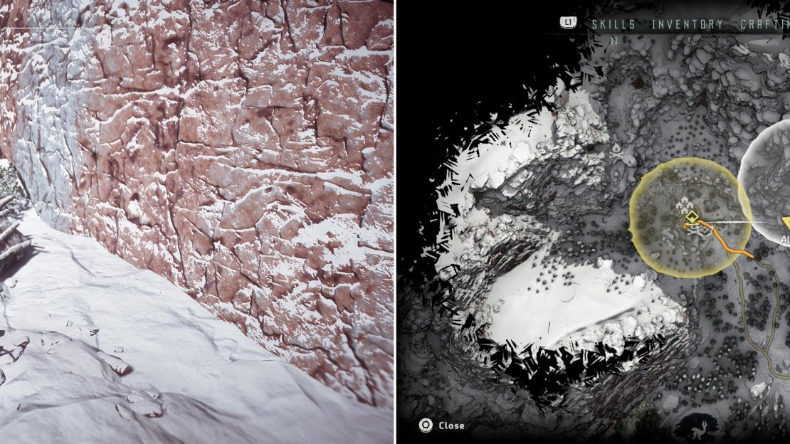 Climb the painted cliffs to find the Banuk Artifact - Punishment (left) at the location indicated on the map (right).