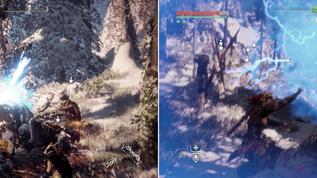 Use Tear damage to knock off the Ravager’s cannon (left). Hitting a Power Cell with Shock Arrows will cause them to erupt and deal massive damage - just make sure you’re far enough away! (right).
