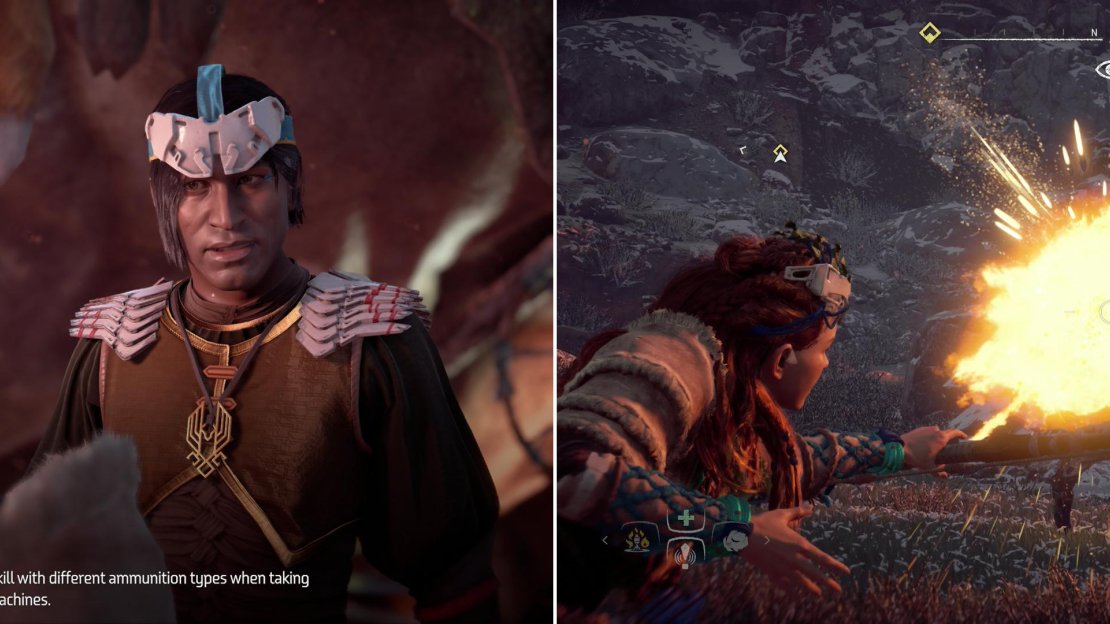 Chat with the rather confrontational keeper to learn about the elemental trial (left). Shoot Blaze Canisters off the back of Striders to complete the Fire Fight Trial (right).