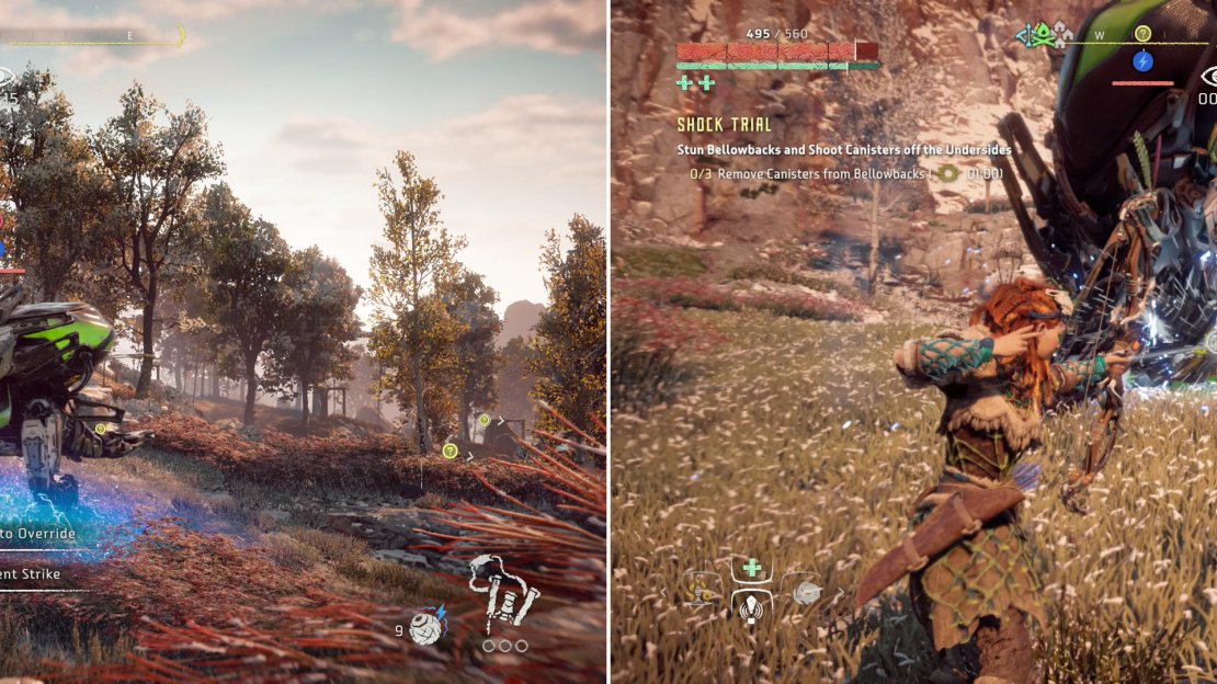 Inflict the Bellowback with shock damage until it’s stunned (left) then target the canisters on their underside (right).