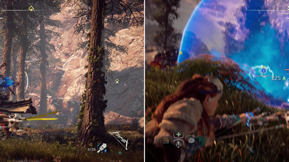 Shoot Longleg machines in their rear-mounted Power Cells (left) to cause an impressive explosion (right).