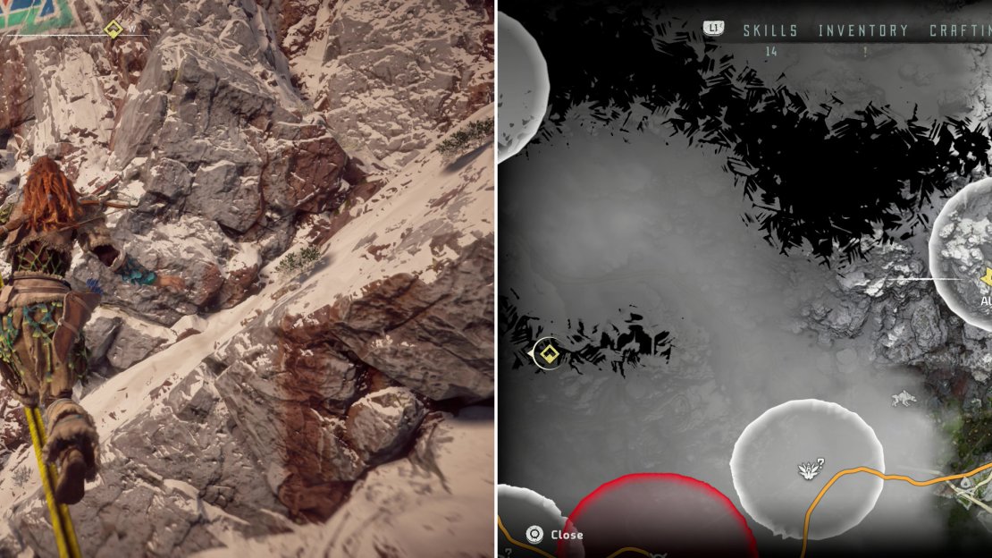 Brave a variety of obstacles to reach the Banuk Artifact - I Name You (left) at the location indicated on the map (right).