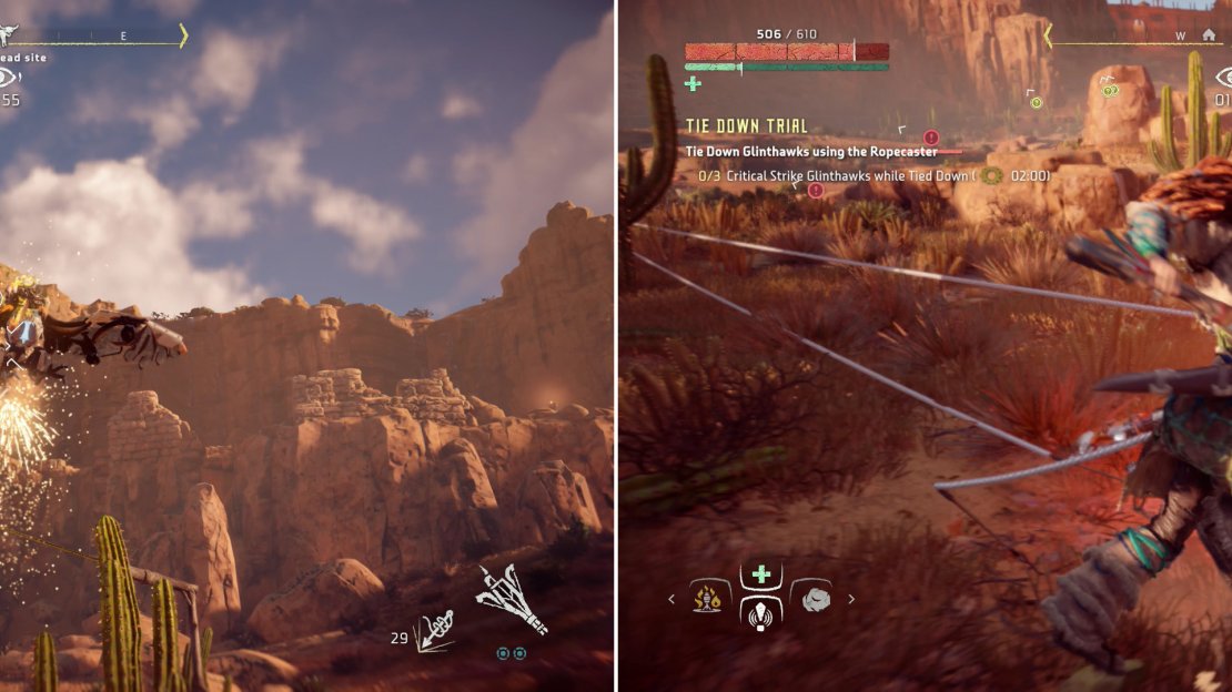 Pop a Glinthawk with a few Ropecaster lines (left) then try to score a Critical Strike or two on it while it’s grounded (right).