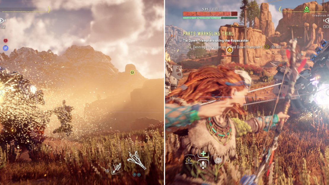 Tramplers will take more Ropecaster shots (left), but once they’re tied down, their Processor is easily destroyed (right).