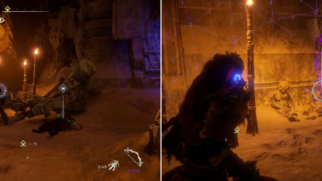 Put down the Cultists and their Corrupted Machines (left) and be sure to grab the Stranded Necklace before you descend further into the Grave-Hoard (right).