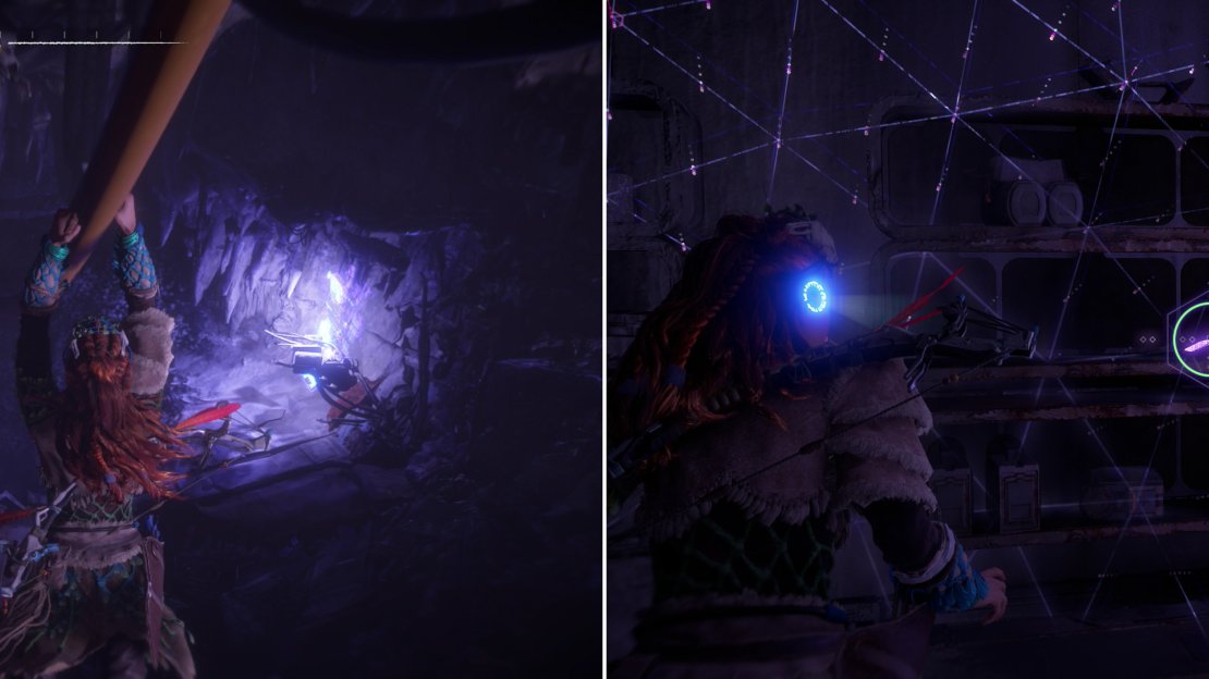 Use conveniently-placed wires in lieu of ziplines (left) and scan numerous datapoints throughout the ruins (right).