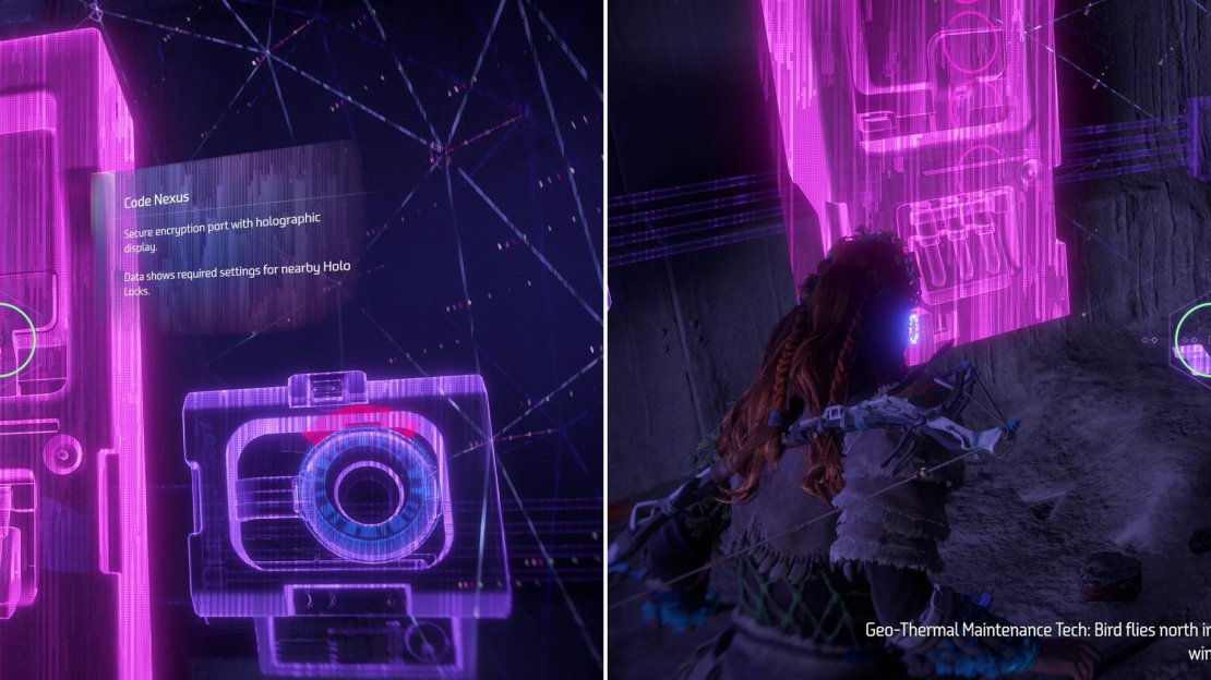 Two of the codes can be found by scanning nearby Code Nexuses (left) while a third must be gathered from a nearby datapoint (right).