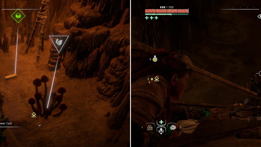 After restoring power to the door, pick up the Power Cell on the ground (left) then proceed to clear the room beyond (right).