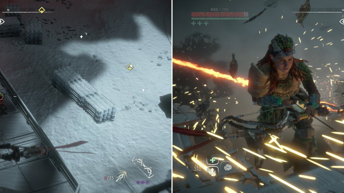 Snipe the Cultists around the Deathbringer (left) but don’t draw its attention before you rappel down, as the massive machine will destroy the walkway you’re on (right).