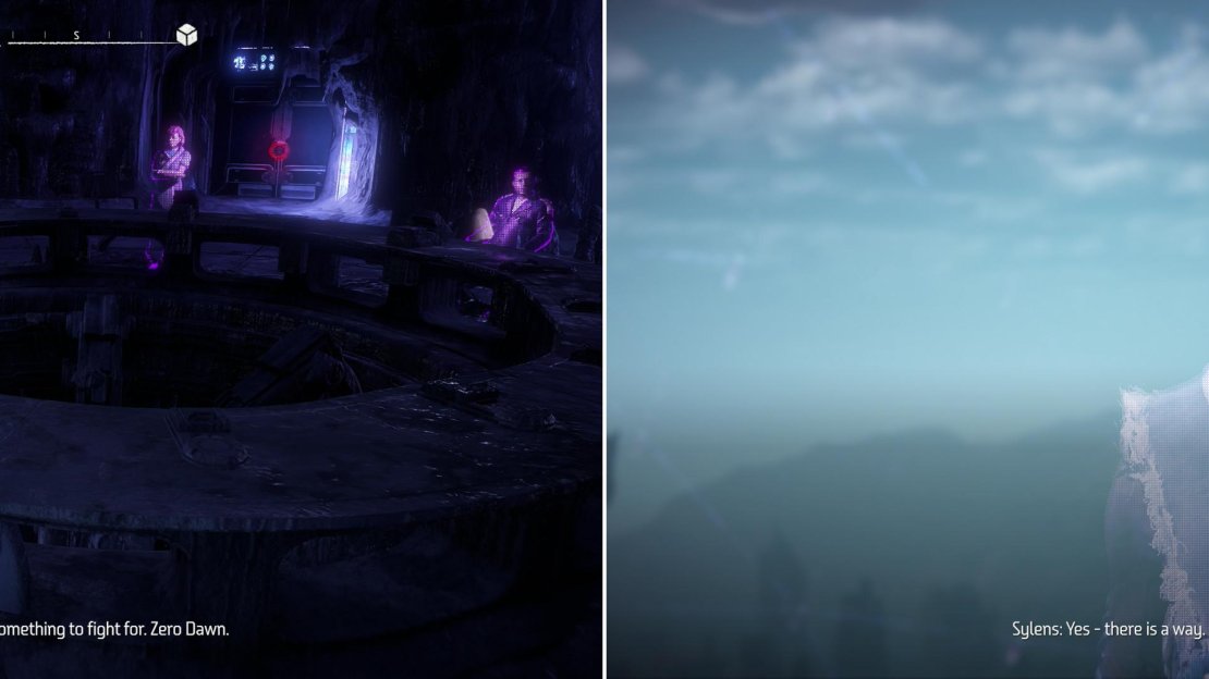 Watch a hologram from the distant past (left) then concoct a plan with Sylens outside (right).