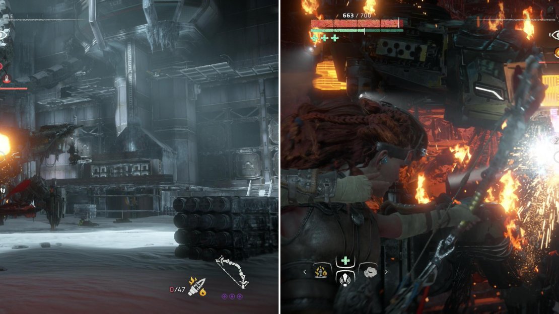 Fire damage will force the Deathbringer to expose its more vulnerable components (left) which can be targeted for heavy damage (right).