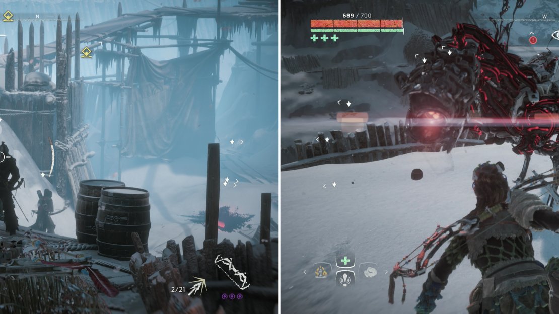 Pick off the Cultist soldiers from a distance (left), and sneak up and exterminate their Corrupted Watchers (right).