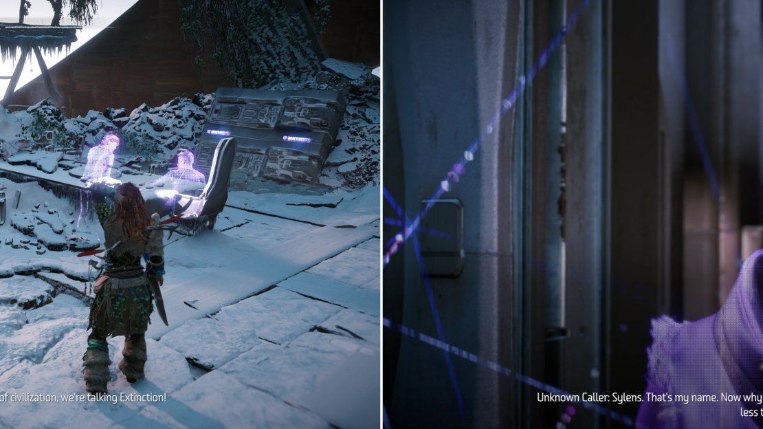 Watch ancient holograms replay an apocalyptic event (left), after which your mysterious Focus-friend will reveal himself to you (right).
