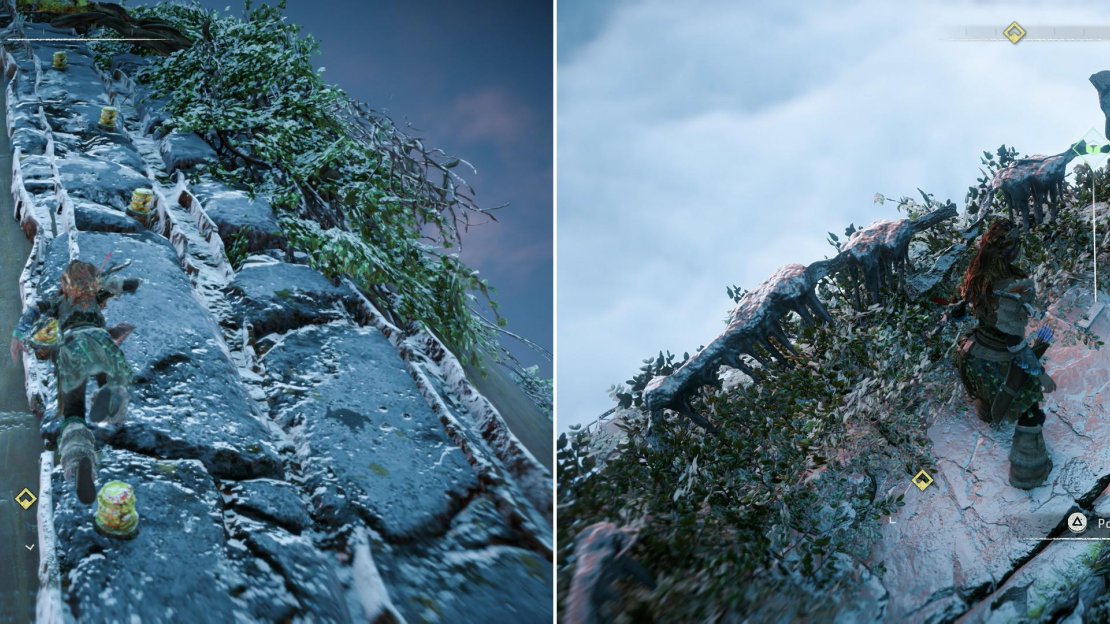 Pass through Faro’s office and climb a series of walls (left) to reach the top of the building, where a Power Cell can be found (right).