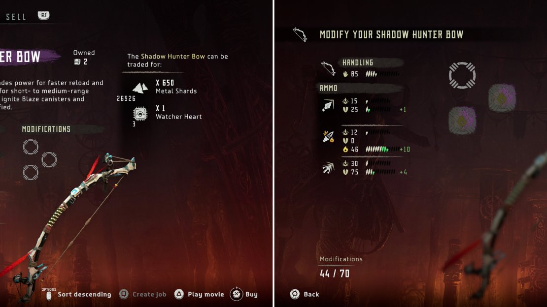 Shadow-grade weapons have three modification slots (left) with which you can modify different copies of the same weapon to focus on a specific type of damage (right).