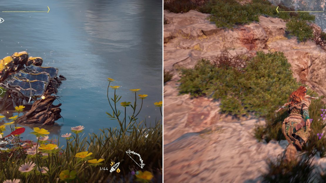 Snapjaws are vicious machines that can be grievously damaged by targeting their Blaze Canisters (left). Defeat the crocodilian machines and follow a trail to find the missing Carja guard (right).