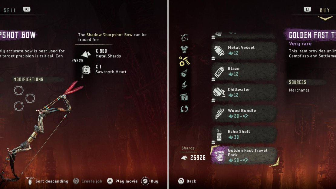 The Shadow Sharpshot Bow grants you unmatched ability to devastate foe from afar (left). The Golden Fast Travel Pack allows you to freely fast travel (right).