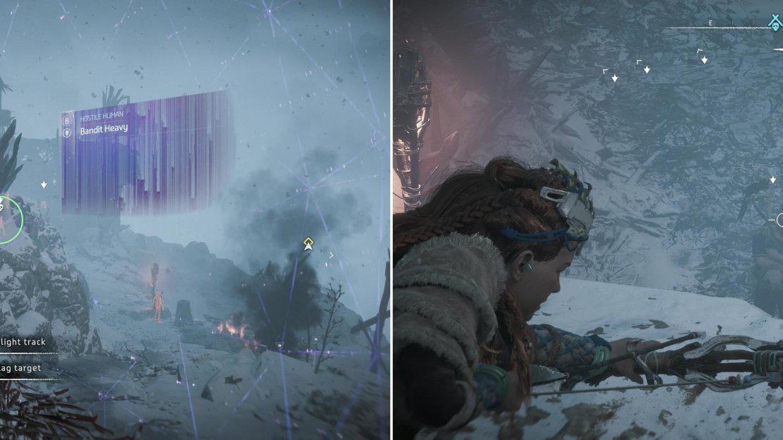 Scan and mark the locations of the Bandits (left) then pick off what Bandits you can from the ledge along the northwestern end of camp (right).