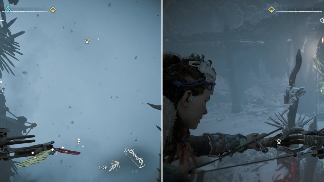 Pick off a Bandit on a watch tower (left), then take position atop the tower, from which vantage you can disable the alarm (right).